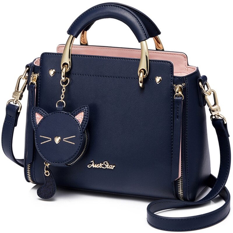BEAU-Just Star Leather Handbag Ladies Embroidered Cat Handbag Purse Ladies Tassel Stitching Casual Messenger Bag