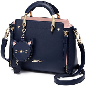 BEAU-Just Star Leather Handbag Ladies Embroidered Cat Handbag Purse Ladies Tassel Stitching Casual Messenger Bag