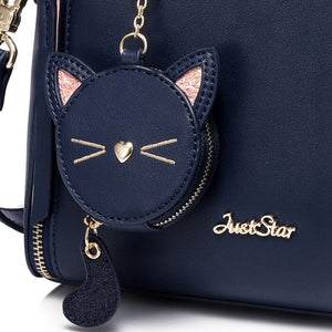 BEAU-Just Star Leather Handbag Ladies Embroidered Cat Handbag Purse Ladies Tassel Stitching Casual Messenger Bag