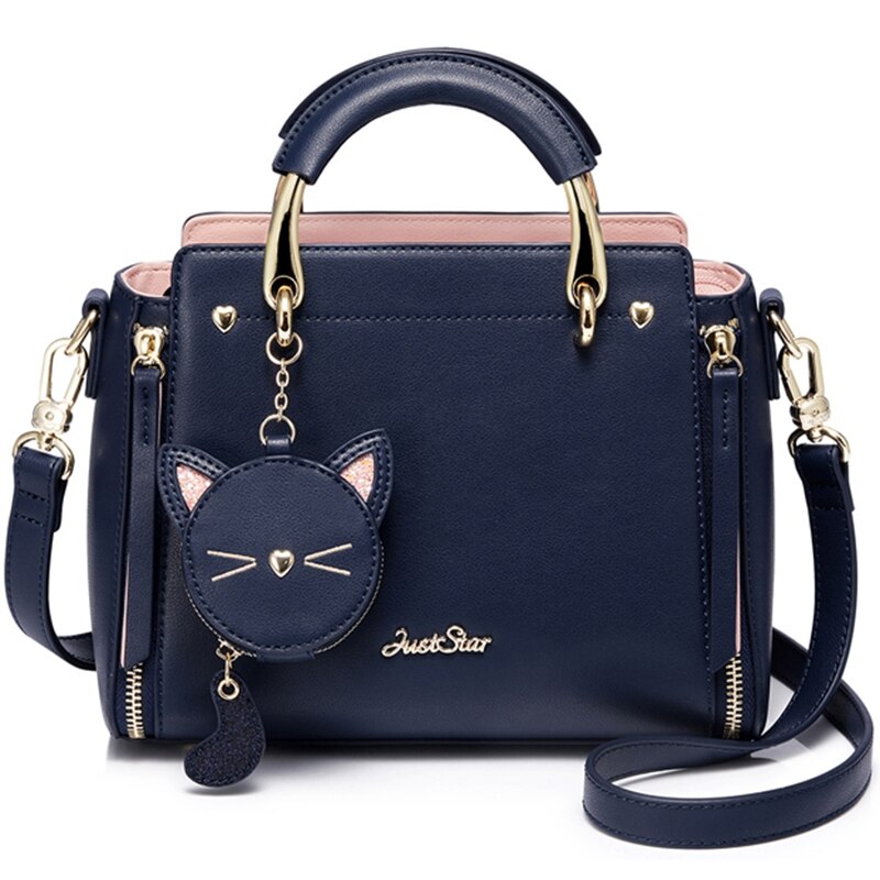 BEAU-Just Star Leather Handbag Ladies Embroidered Cat Handbag Purse Ladies Tassel Stitching Casual Messenger Bag