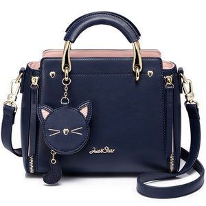 BEAU-Just Star Leather Handbag Ladies Embroidered Cat Handbag Purse Ladies Tassel Stitching Casual Messenger Bag