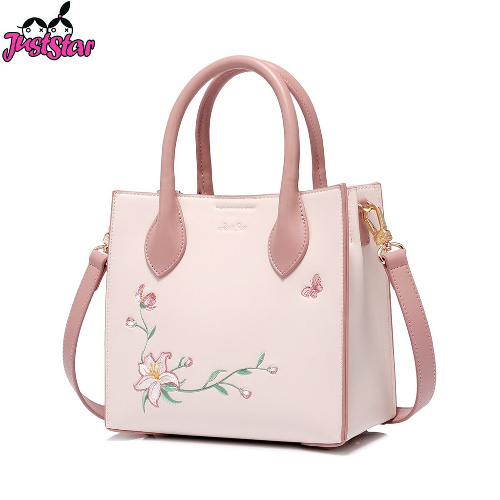 JUST STAR Women's PU Leather Handbags Ladies Fashion Embroidery Flower Shoulder Tote Purse Female Pink Color Messenger Bag