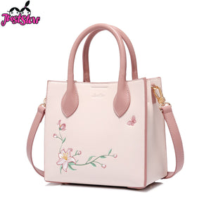 JUST STAR Women's PU Leather Handbags Ladies Fashion Embroidery Flower Shoulder Tote Purse Female Pink Color Messenger Bag