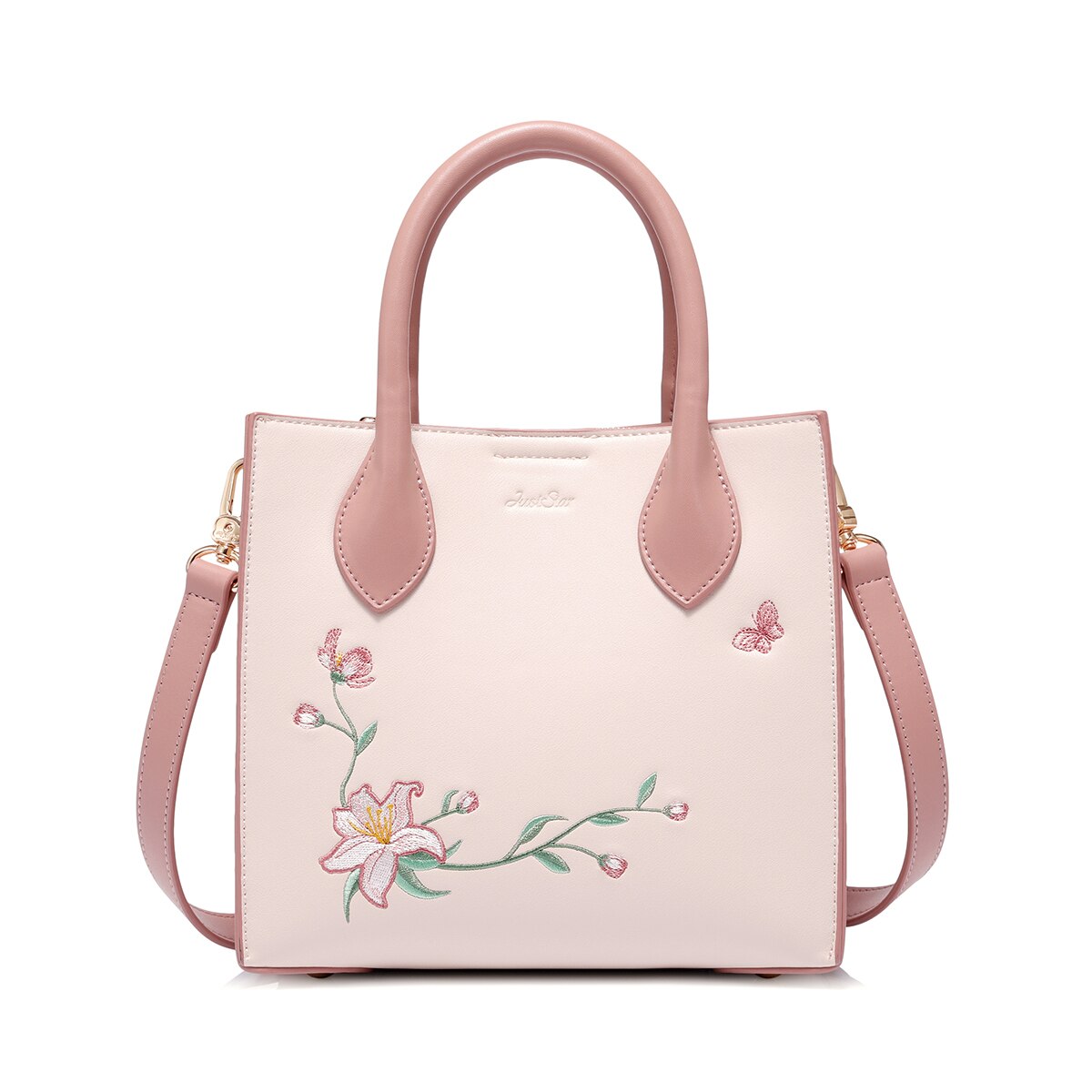 JUST STAR Women's PU Leather Handbags Ladies Fashion Embroidery Flower Shoulder Tote Purse Female Pink Color Messenger Bag
