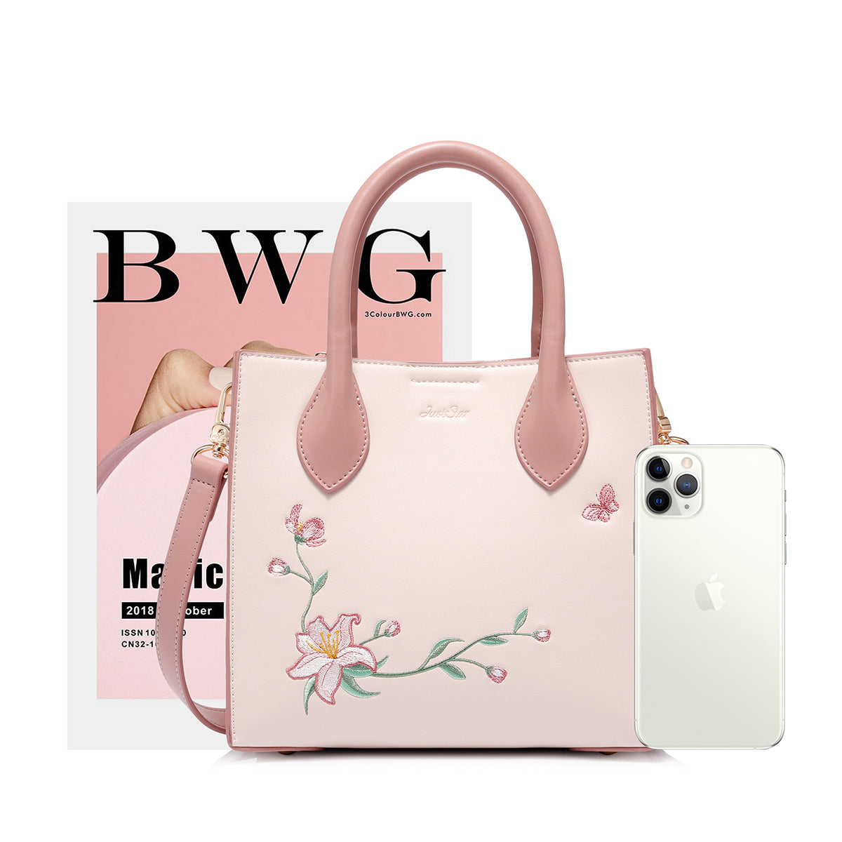 JUST STAR Women's PU Leather Handbags Ladies Fashion Embroidery Flower Shoulder Tote Purse Female Pink Color Messenger Bag