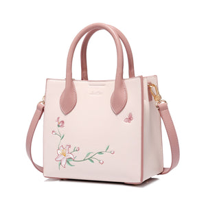 JUST STAR Women's PU Leather Handbags Ladies Fashion Embroidery Flower Shoulder Tote Purse Female Pink Color Messenger Bag