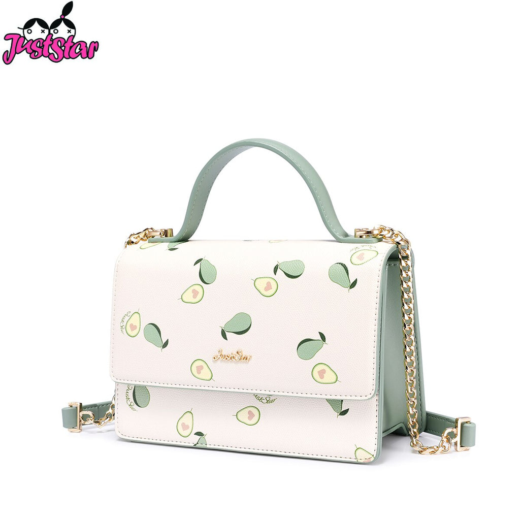 JUST STAR Women's PU Leather Handbags Ladies Fashion Avocado Fruit Printing Shoulder Tote Purse Female Chains Flap Messenger Bag