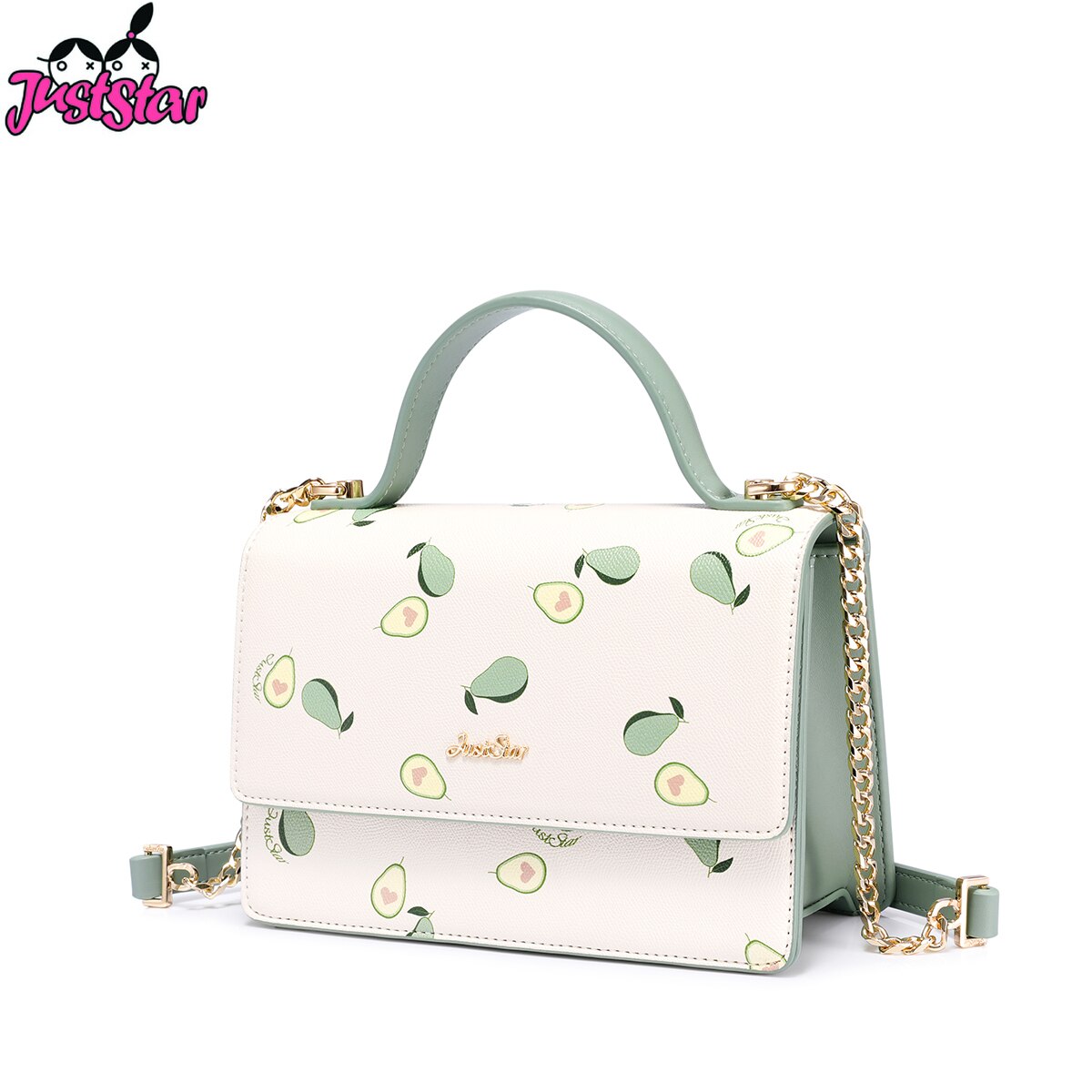 JUST STAR Women's PU Leather Handbags Ladies Fashion Avocado Fruit Printing Shoulder Tote Purse Female Chains Flap Messenger Bag