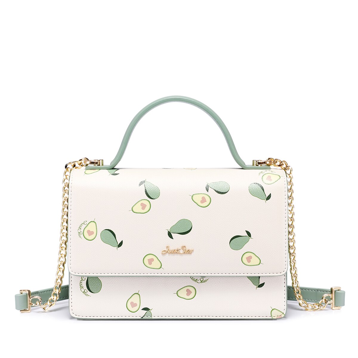 JUST STAR Women's PU Leather Handbags Ladies Fashion Avocado Fruit Printing Shoulder Tote Purse Female Chains Flap Messenger Bag