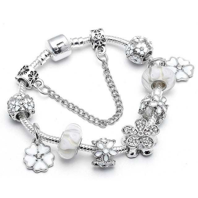 TOGORY New Fashion Grystal&Glass Sunflower Dangles Charm Bracelet Fit Snake Chain DIY Fine Bracelet for Women Jewelry Gift