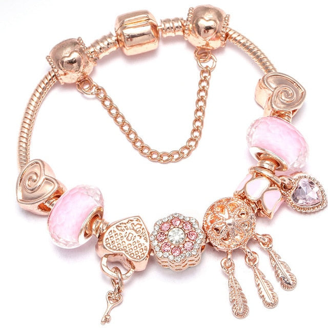 TOGORY New Fashion Grystal&Glass Sunflower Dangles Charm Bracelet Fit Snake Chain DIY Fine Bracelet for Women Jewelry Gift