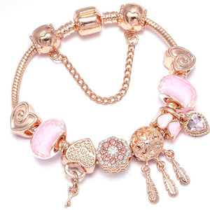TOGORY New Fashion Grystal&Glass Sunflower Dangles Charm Bracelet Fit Snake Chain DIY Fine Bracelet for Women Jewelry Gift