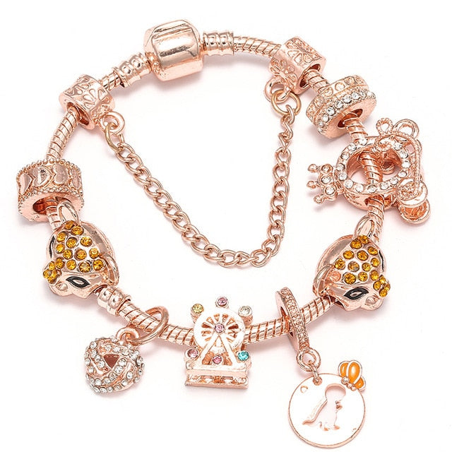 TOGORY New Fashion Grystal&Glass Sunflower Dangles Charm Bracelet Fit Snake Chain DIY Fine Bracelet for Women Jewelry Gift