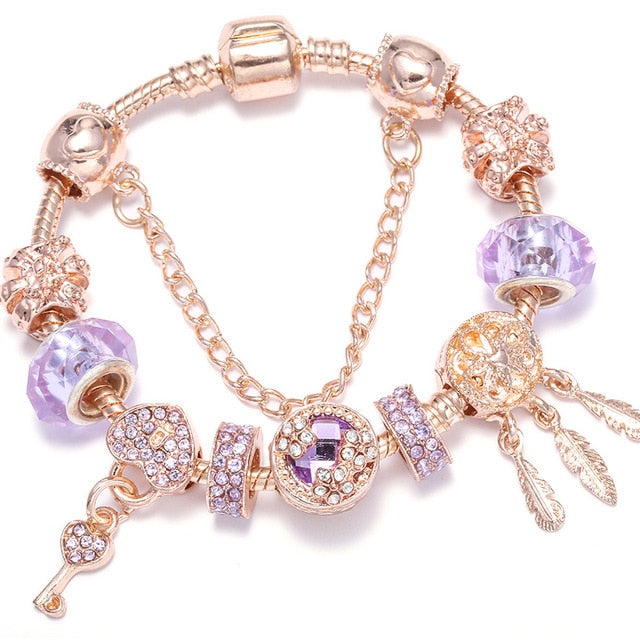 TOGORY New Fashion Grystal&Glass Sunflower Dangles Charm Bracelet Fit Snake Chain DIY Fine Bracelet for Women Jewelry Gift