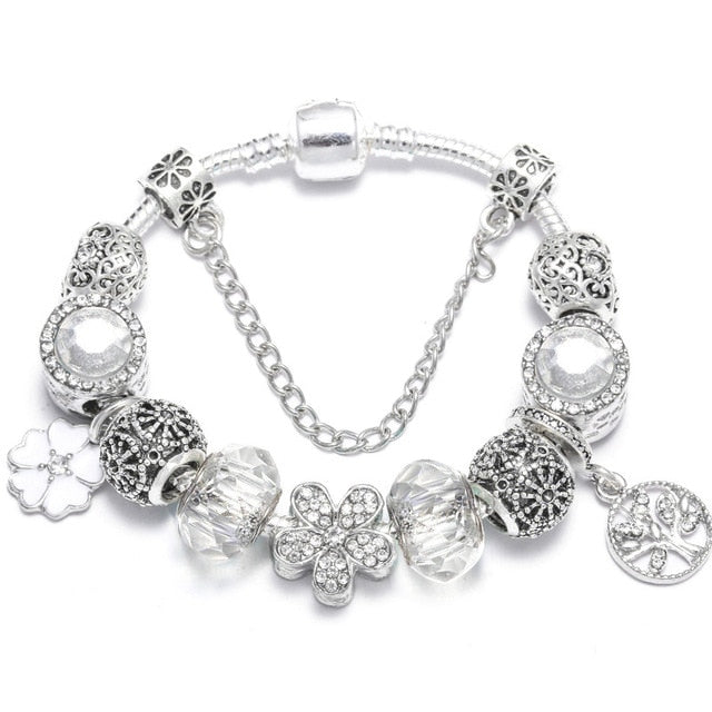 TOGORY New Fashion Grystal&Glass Sunflower Dangles Charm Bracelet Fit Snake Chain DIY Fine Bracelet for Women Jewelry Gift