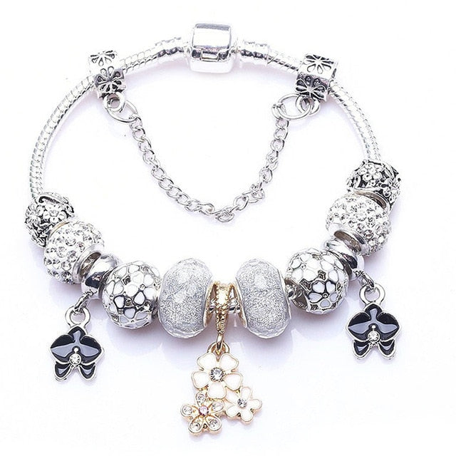 TOGORY New Fashion Grystal&Glass Sunflower Dangles Charm Bracelet Fit Snake Chain DIY Fine Bracelet for Women Jewelry Gift