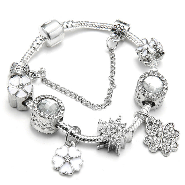 TOGORY New Fashion Grystal&Glass Sunflower Dangles Charm Bracelet Fit Snake Chain DIY Fine Bracelet for Women Jewelry Gift