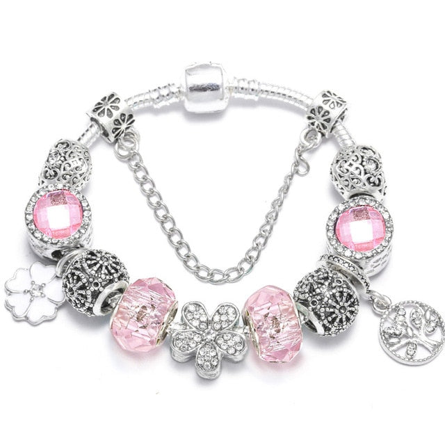 TOGORY New Fashion Grystal&Glass Sunflower Dangles Charm Bracelet Fit Snake Chain DIY Fine Bracelet for Women Jewelry Gift