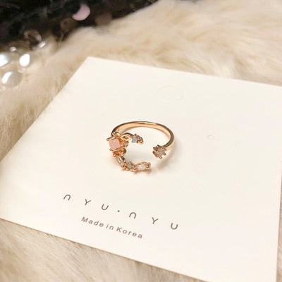 New Korean Sweet Heart Flower Cubic Zircon Adjustable Rings For Women.