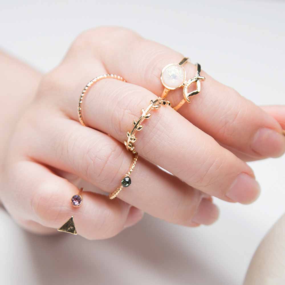 FAMSHIN 5PCS | Set Ring Charm Pink Crystal artificial Stone | Geometric Triangular Tree Rattan.