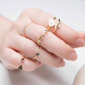 FAMSHIN 5PCS | Set Ring Charm Pink Crystal artificial Stone | Geometric Triangular Tree Rattan.