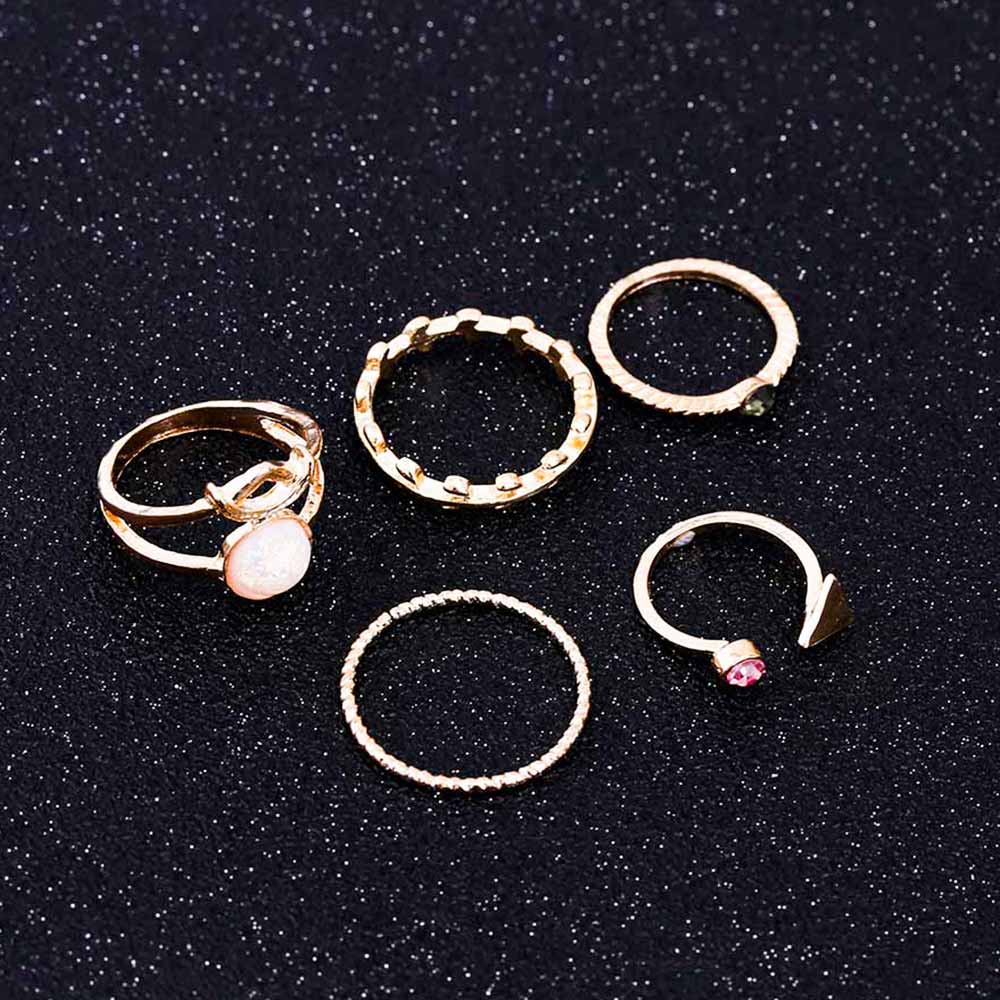 FAMSHIN 5PCS | Set Ring Charm Pink Crystal artificial Stone | Geometric Triangular Tree Rattan.