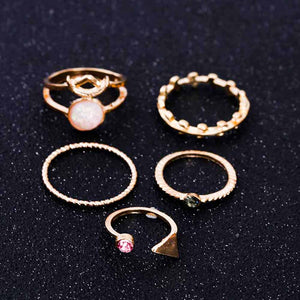 FAMSHIN 5PCS | Set Ring Charm Pink Crystal artificial Stone | Geometric Triangular Tree Rattan.