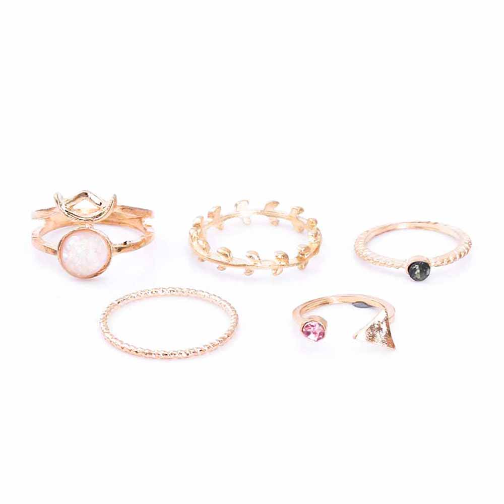 FAMSHIN 5PCS | Set Ring Charm Pink Crystal artificial Stone | Geometric Triangular Tree Rattan.