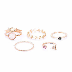 FAMSHIN 5PCS | Set Ring Charm Pink Crystal artificial Stone | Geometric Triangular Tree Rattan.