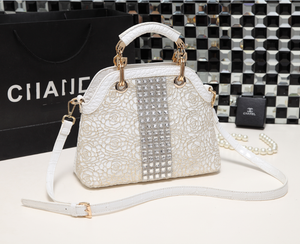 Luxury fashion diamonds women handbags - crocodile pattern leather crossbody - female shoulder shell bag rhinestone.
