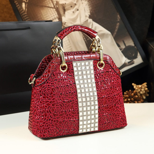 Luxury fashion diamonds women handbags - crocodile pattern leather crossbody - female shoulder shell bag rhinestone.