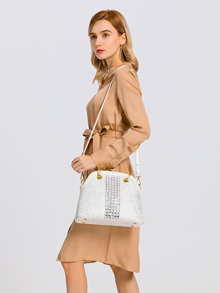 Luxury fashion diamonds women handbags - crocodile pattern leather crossbody - female shoulder shell bag rhinestone.