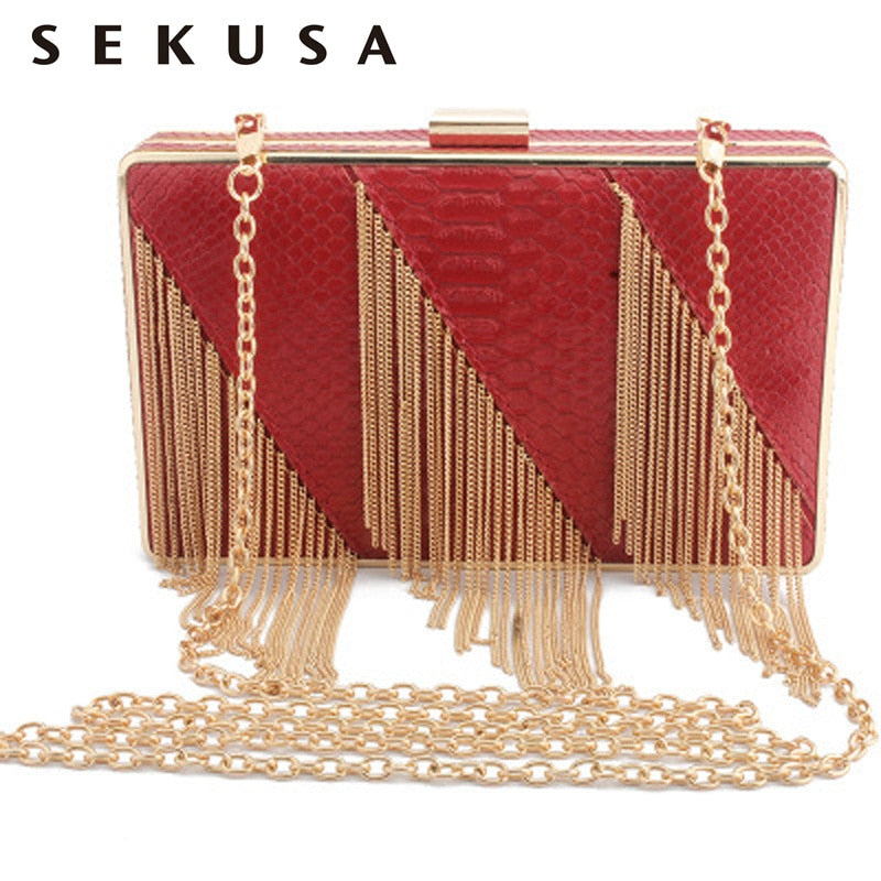 SEKUSA PU Fashion Women Bag Tassel Chain Shoulder Lady Handbags Casual Mixed Color Party Wedding Clutch Evening Bag