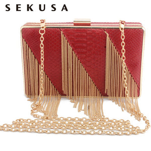 SEKUSA PU Fashion Women Bag Tassel Chain Shoulder Lady Handbags Casual Mixed Color Party Wedding Clutch Evening Bag