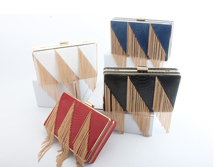 SEKUSA PU Fashion Women Bag Tassel Chain Shoulder Lady Handbags Casual Mixed Color Party Wedding Clutch Evening Bag